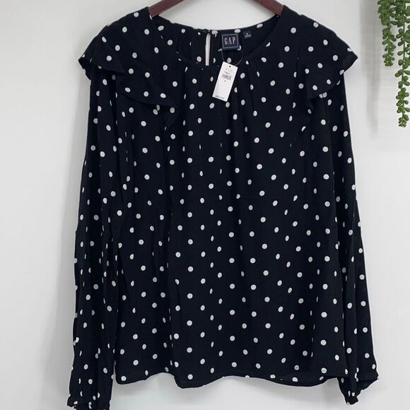 New Gap Ruffle Shoulder Long Sleeve Polka Dot‎ Blouse Rayon Black White S - Picture 3 of 16